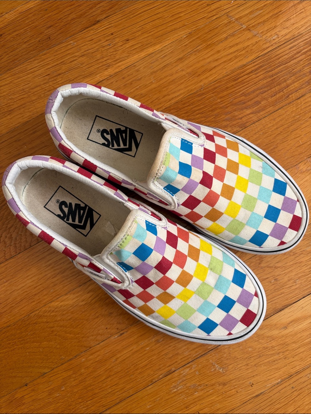 Rainbow Checkered Classic Vans Sneakers Slip On Canvas Shoes Women’s 7
